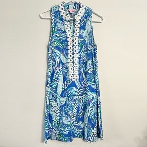 Lilly Pulitzer Jane Shift Dress Blue Resort White Canopy Chaos Lacy Neck Line 2